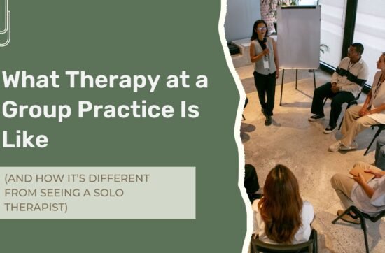 Therapist meeting with a client in a professional NYC therapy office discussing the differences between group practice and solo therapy